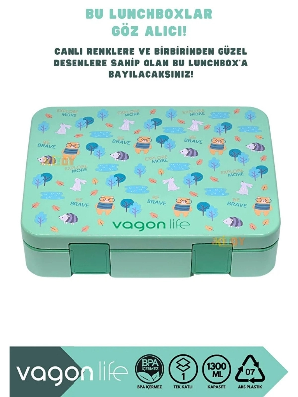 Vagonlife Bento 1300ml Lunchbox Tek Katlı 3 Bölmeli ABS Plastik Çocuk Sefer Tası Yemek Kutusu Yeşil Orman VGN-091