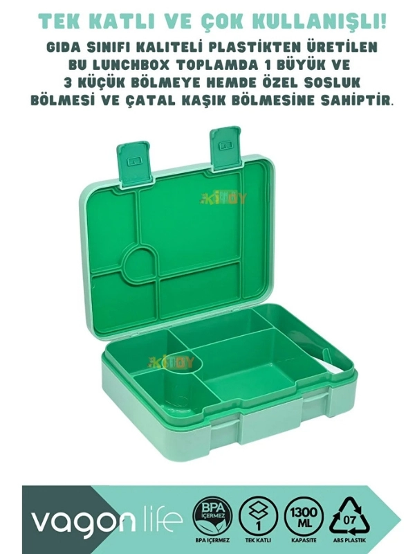 Vagonlife Bento 1300ml Lunchbox Tek Katlı 3 Bölmeli ABS Plastik Çocuk Sefer Tası Yemek Kutusu Yeşil Orman VGN-091