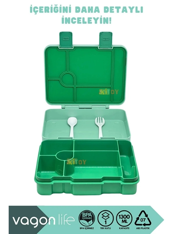 Vagonlife Bento 1300ml Lunchbox Tek Katlı 3 Bölmeli ABS Plastik Çocuk Sefer Tası Yemek Kutusu Yeşil Orman VGN-091