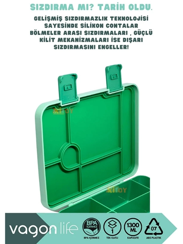Vagonlife Bento 1300ml Lunchbox Tek Katlı 3 Bölmeli ABS Plastik Çocuk Sefer Tası Yemek Kutusu Yeşil Orman VGN-091