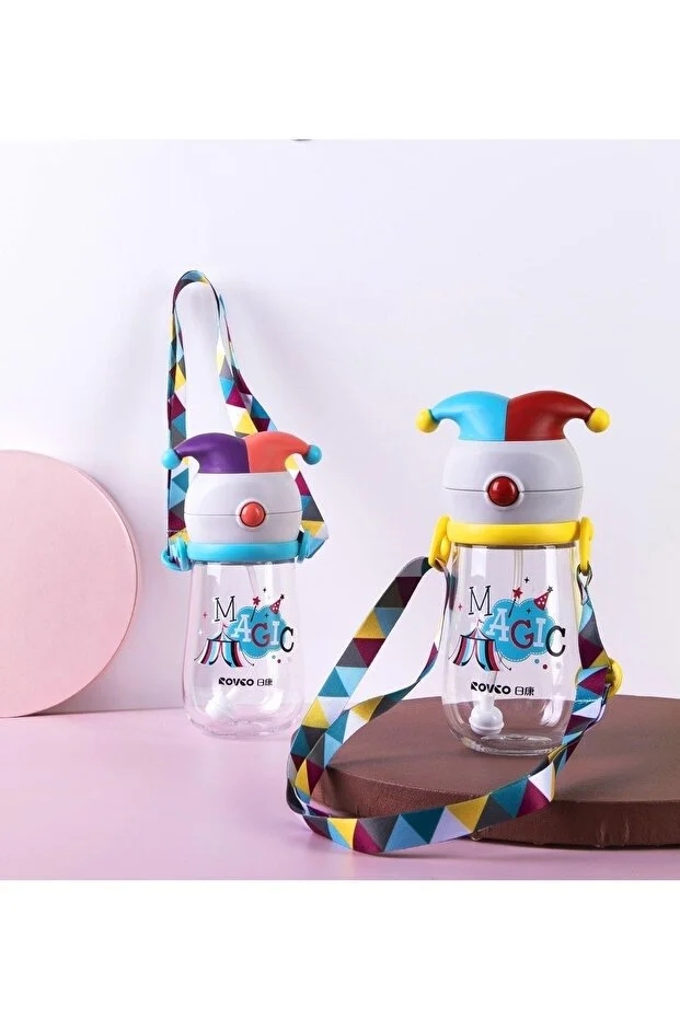 Vagon Life Rovco Pipetli Eğlenceli Sihirbaz Desenli Ve Şapkalı Akıllı Pipet Toplu Tritan Su Matarası +6 Ay 350ml B1033