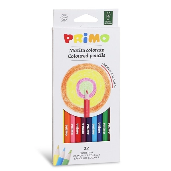 Primo 12 Renkli Kuru Boya Kalemi Seti  Altıgen, Cilalı, Karton Kutuda