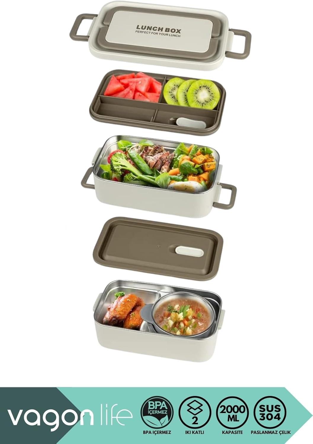Vagonlife Yemek Kabı 2 Katlı Lunch Box BL01029 2000 ml Kahverengi