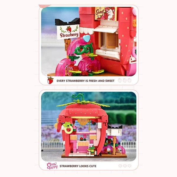 Vagonlife Keeppley Lovely Street Tuxedo Cat Strawberry House Kedi Çilek Evi Dükkanı Blok Seti K28022