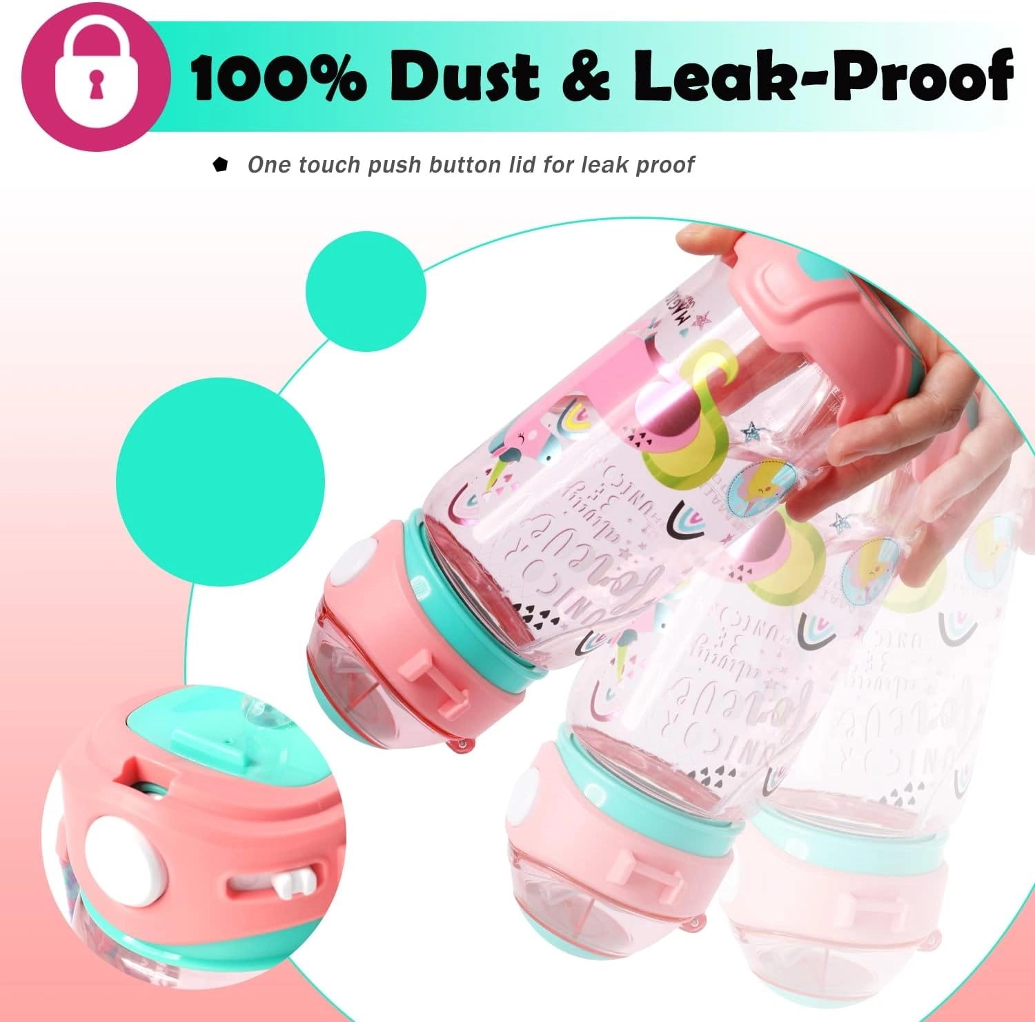 Dream Vest Unicorn Pembe - Turkuaz Şeffaf ve Askılı Matara VST-MT0002