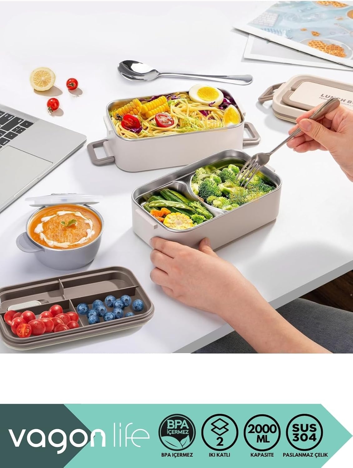 Vagonlife Yemek Kabı 2 Katlı Lunch Box BL01029 2000 ml Kahverengi