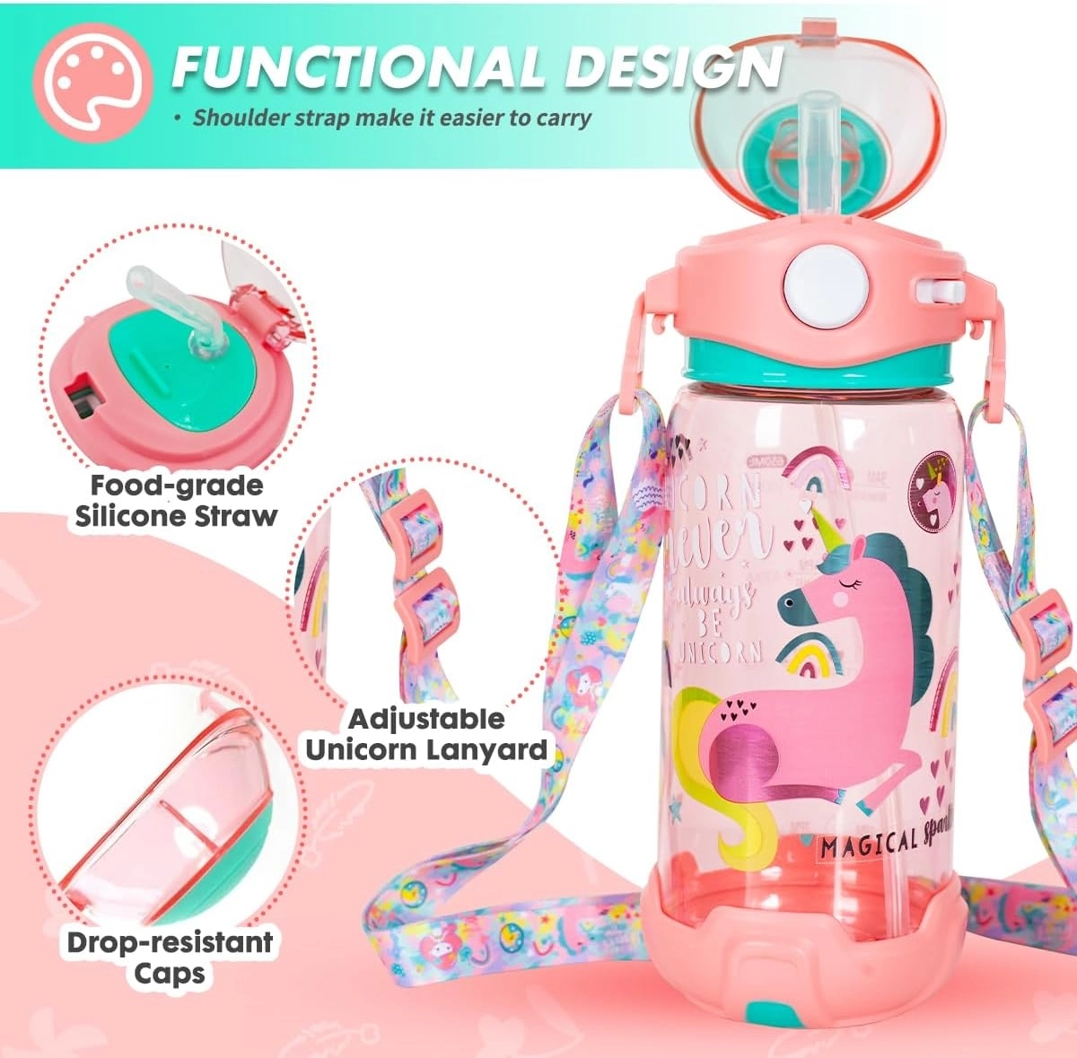 Dream Vest Unicorn Pembe - Turkuaz Şeffaf ve Askılı Matara VST-MT0002