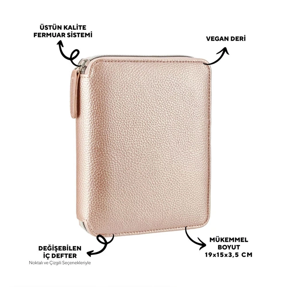 Victoria’s Journals Zipper Folder Organizer Defter A6 Çizgili Cüzdanlı Defter Rose Gold 123-0296