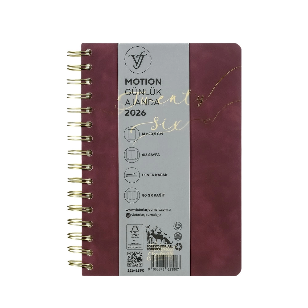Victoria’s Journals Motion Esnek Kapak Spiralli A5 2026 Günlük Ajanda Mor 226-2390