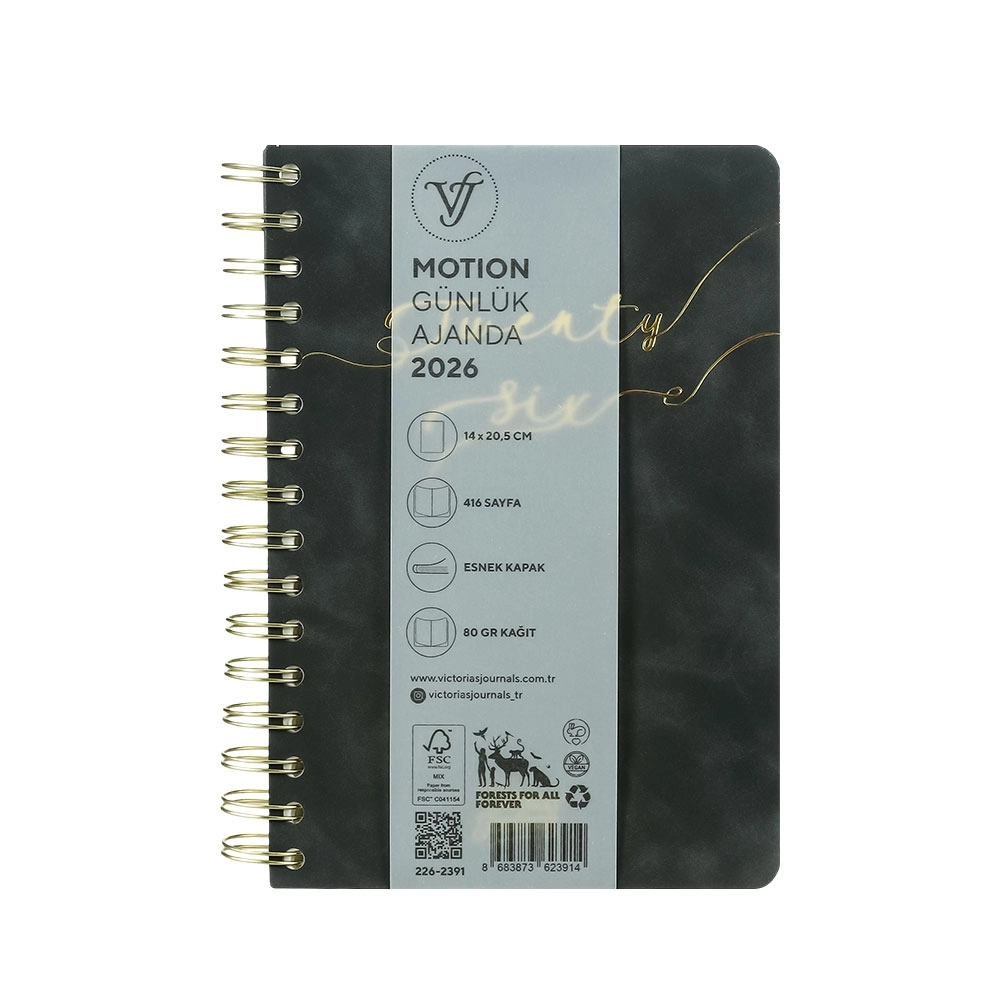 Victoria’s Journals Motion Esnek Kapak Spiralli A5 2026 Günlük Ajanda Siyah 226-2391