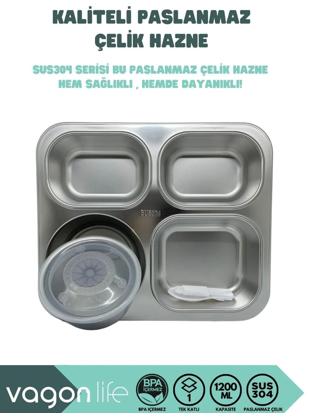 Vagonlife Yemek Kutusu Paslanmaz Çelik 4 Bölmeli Lunch Box 1200 ml VGN7080