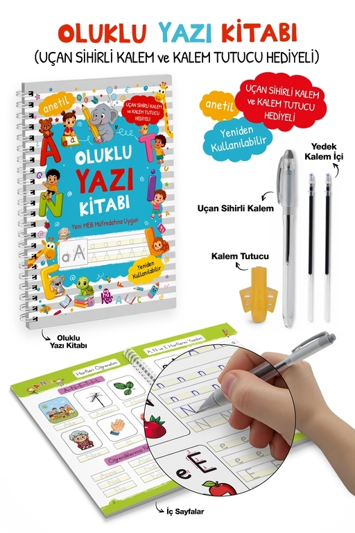 Oluklu Yazı Kitabı (Anetil) - Uçan Sihirli Kalem ve Kalem Tutucu Hediyeli 3+ Yaş