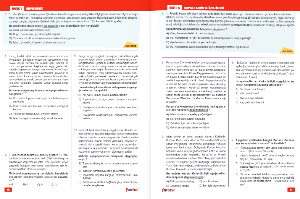 FENOMEN 8 DİN KÜLTÜRÜ VE AHLAK BİLGİSİ LGS ÇIKMIŞ SORULAR VE İKİZ SORULARI (2018-2024)