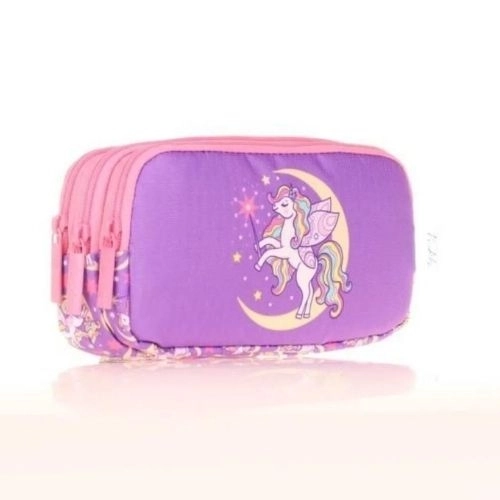 Kaukko Kids&Love  3 Bölmeli Kalem Çantası Flat Unicorn Lila L8150