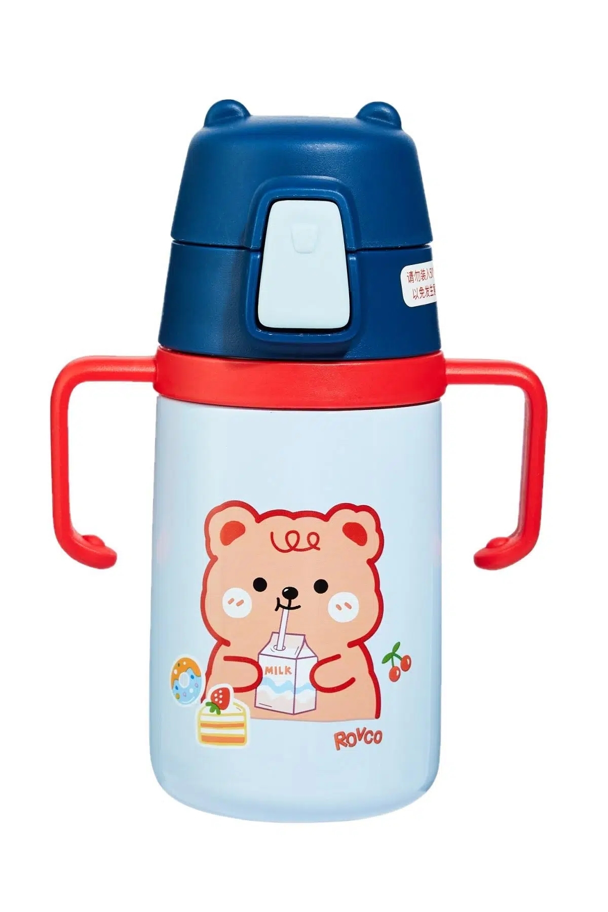 Vagonlife Rovco 400ml Silikon Pipetli Sevimli Ayıcıklı Boyun Askılı Bebek Kulplu Paslanmaz Çelik Termos Mavi +6 Ay 