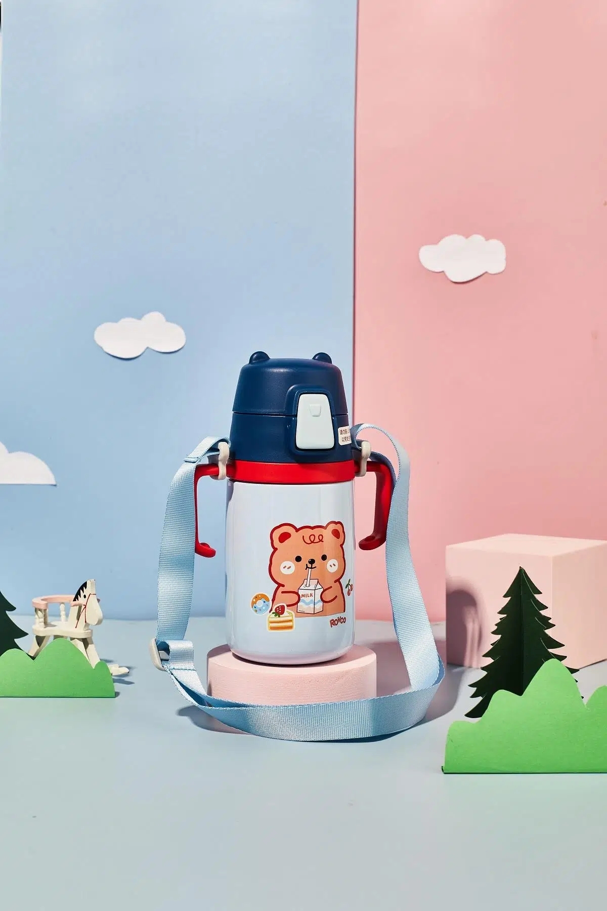 Vagonlife Rovco 400ml Silikon Pipetli Sevimli Ayıcıklı Boyun Askılı Bebek Kulplu Paslanmaz Çelik Termos Mavi +6 Ay 