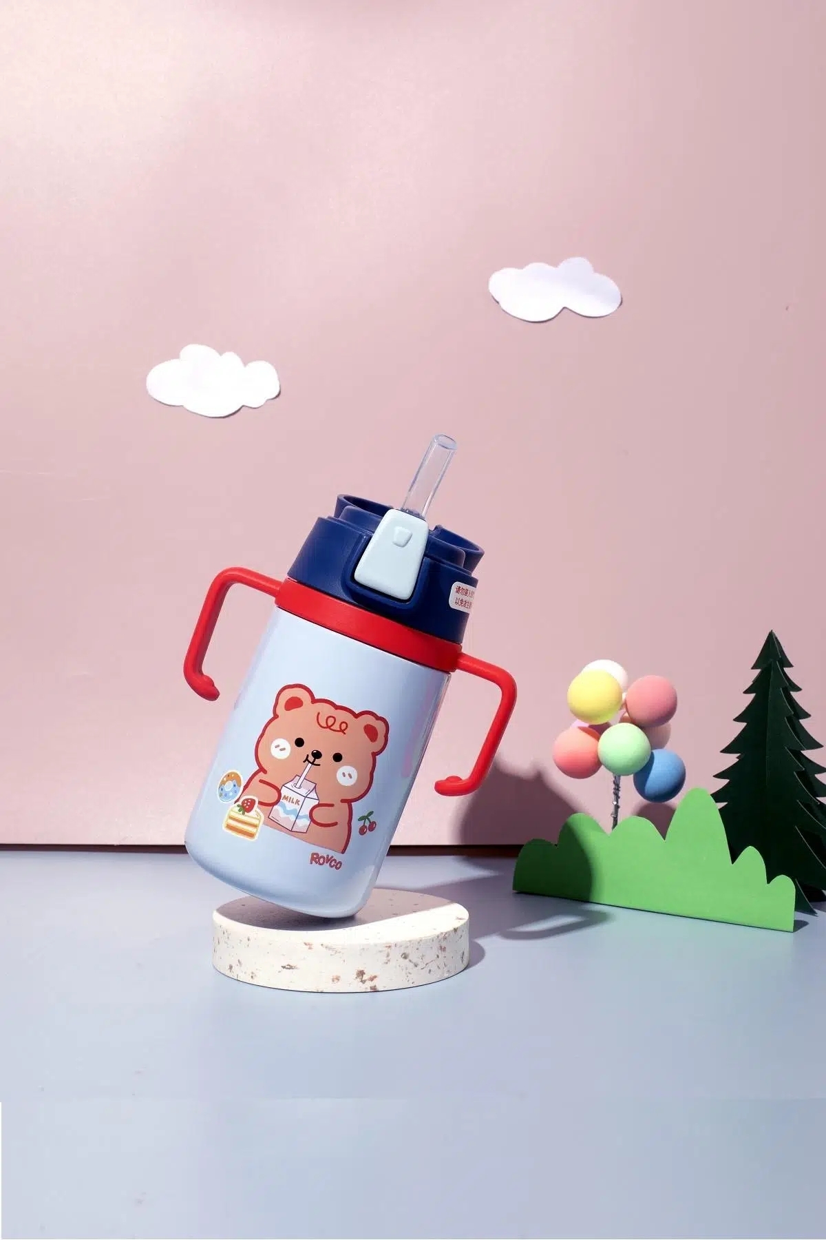 Vagonlife Rovco 400ml Silikon Pipetli Sevimli Ayıcıklı Boyun Askılı Bebek Kulplu Paslanmaz Çelik Termos Mavi +6 Ay 