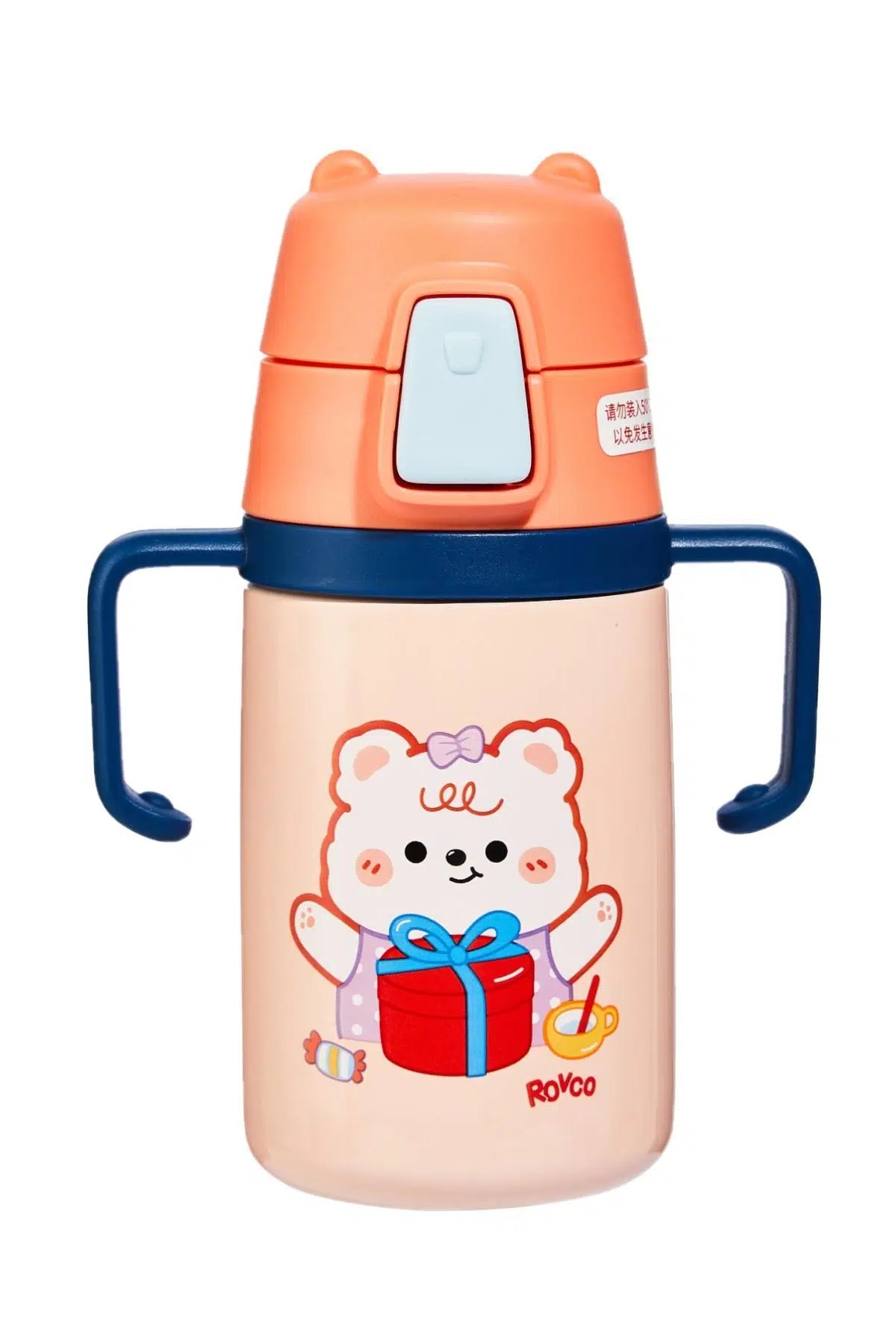 Vagonlife Rovco 400ml Silikon Pipetli Sevimli Ayıcıklı Boyun Askılı Bebek Kulplu Paslanmaz Çelik Termos Pembe +6 Ay 