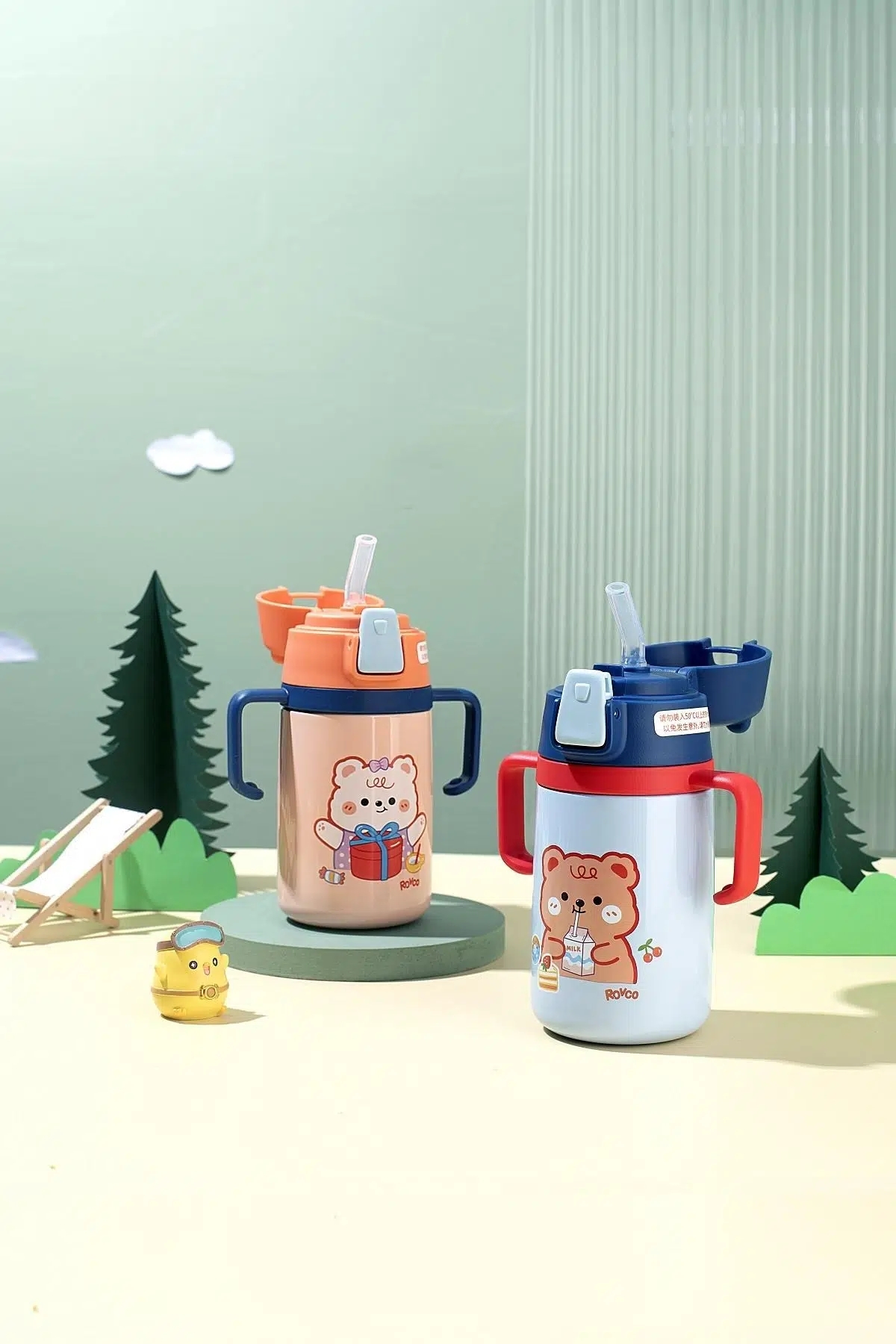 Vagonlife Rovco 400ml Silikon Pipetli Sevimli Ayıcıklı Boyun Askılı Bebek Kulplu Paslanmaz Çelik Termos Mavi +6 Ay 
