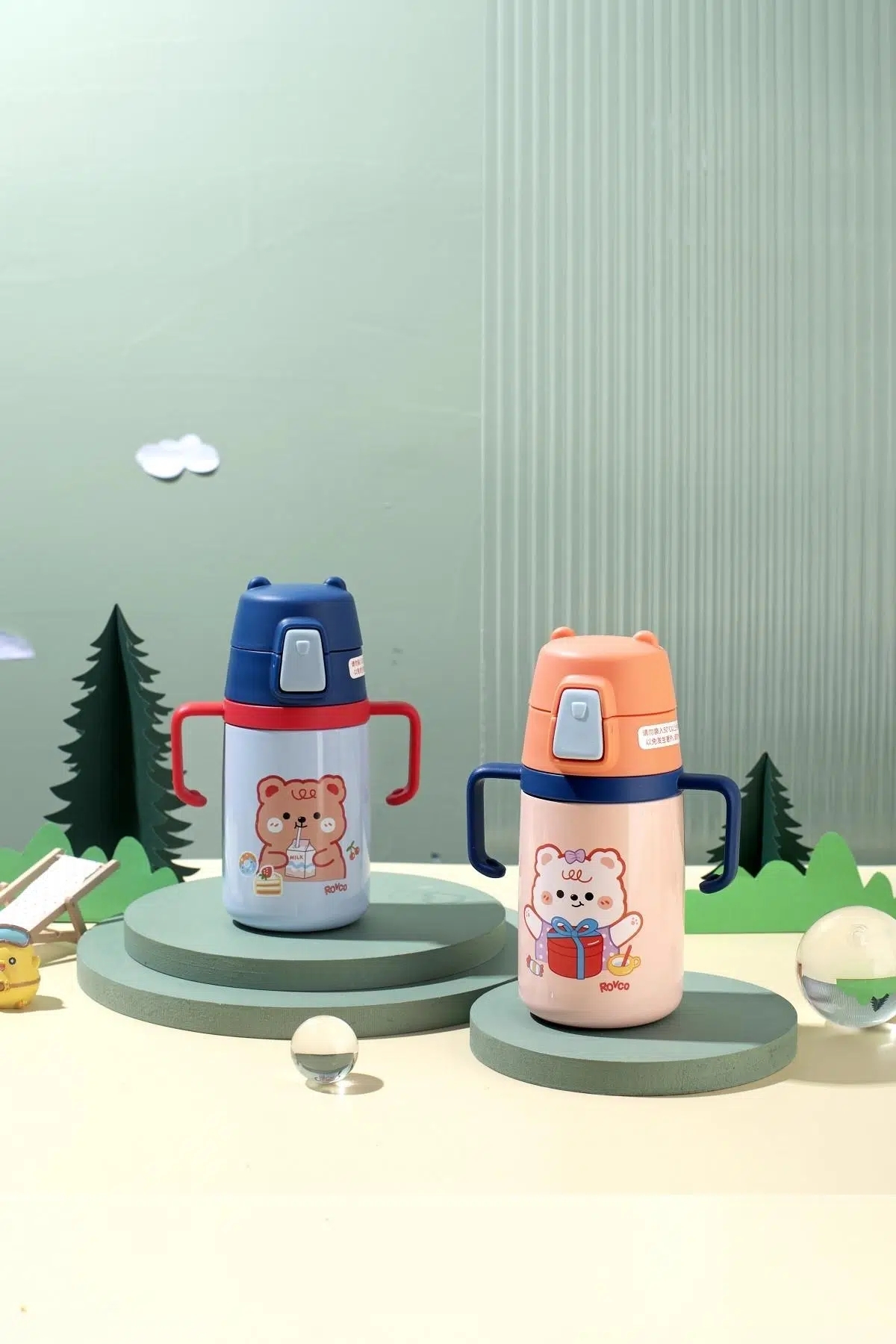 Vagonlife Rovco 400ml Silikon Pipetli Sevimli Ayıcıklı Boyun Askılı Bebek Kulplu Paslanmaz Çelik Termos Mavi +6 Ay 