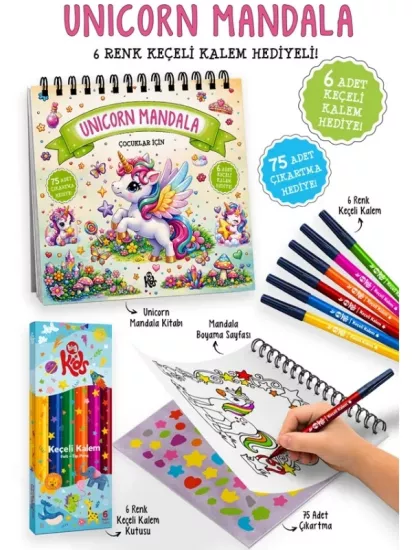 Unicorn Mandala - Keçeli Kalem ve Çıkartma Hediye