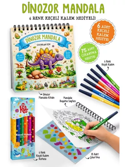 Dinozor Mandala -Keçeli Kalem ve Çıkartma Hediyeli