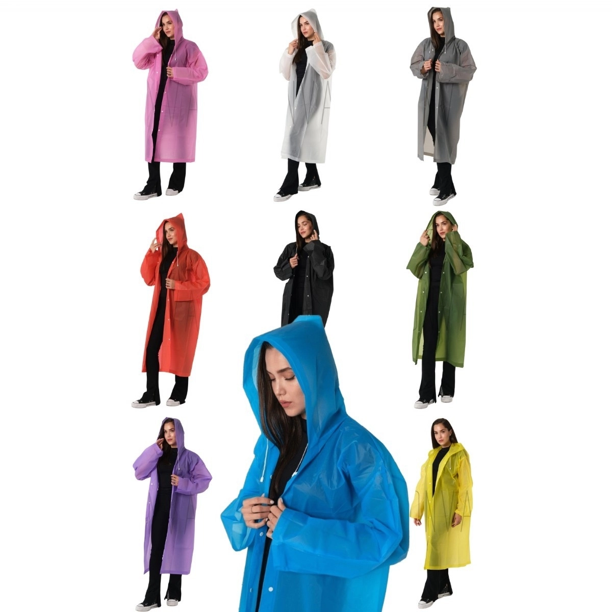 Unisex Su Geçirmez Çıt Çıt Detaylı Kapüşonlu Yağmurluk Kadın Erkek Yetişkin Yağmurluk Standart Beden