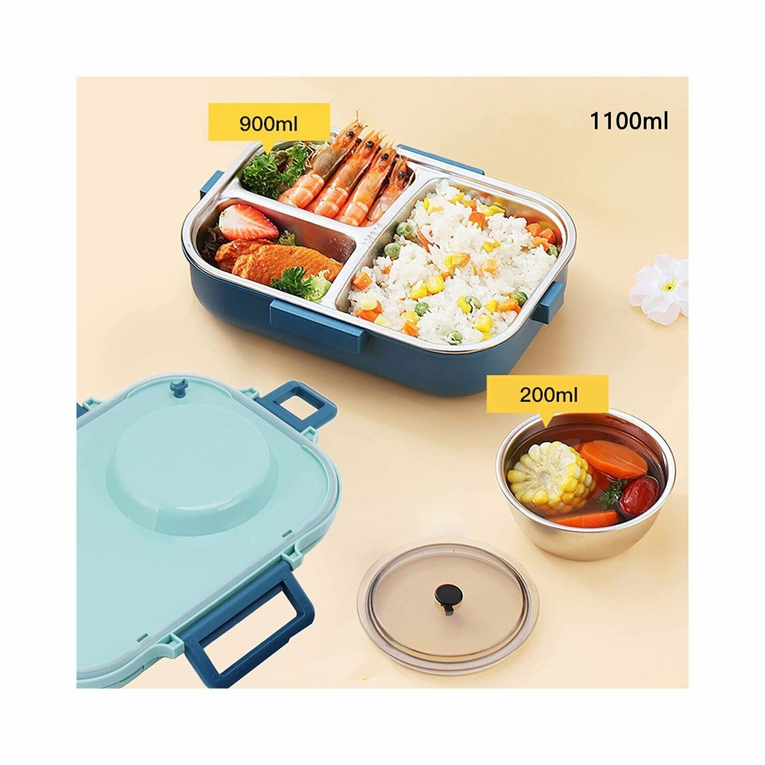 Vagonlife Yemek Kabı Dört Bölmeli Paslanmaz Çelik Lunch Box 1100ml BL70100 Pembe-Mavi