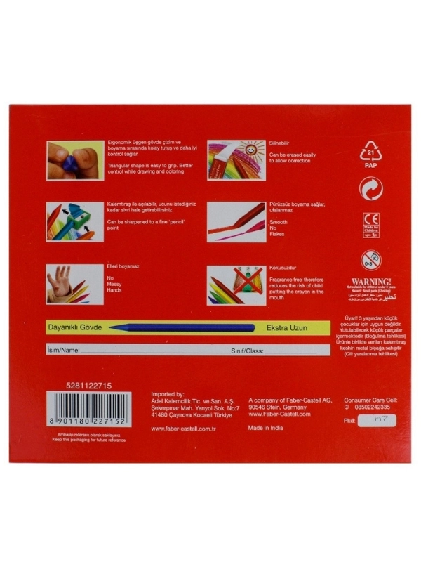Faber-Castell Silinebilir Mum Boya 15 Renk - Silgi ve Kalemtıraş Hediyeli