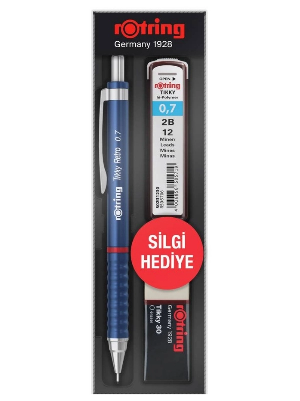 Rotring Tikky Grafik Teknik Çizim Kalemi Silgi ve Uç Hediyeli Set 0.7mm Mavi