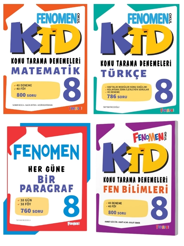 Fenomen 8. Sınıf 4 Kitap Süper Set - Her Güne Bir Paragraf - Fen Bilimleri Konu Tarama Denemeleri- Türkçe Konu Tarama Denemeleri - Matematik Konu Tarama Denemeleri