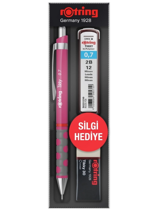 Rotring Tikky Grafik Teknik Çizim Kalemi Silgi ve Uç Hediyeli Set 0.7mm Ahududu Pembe