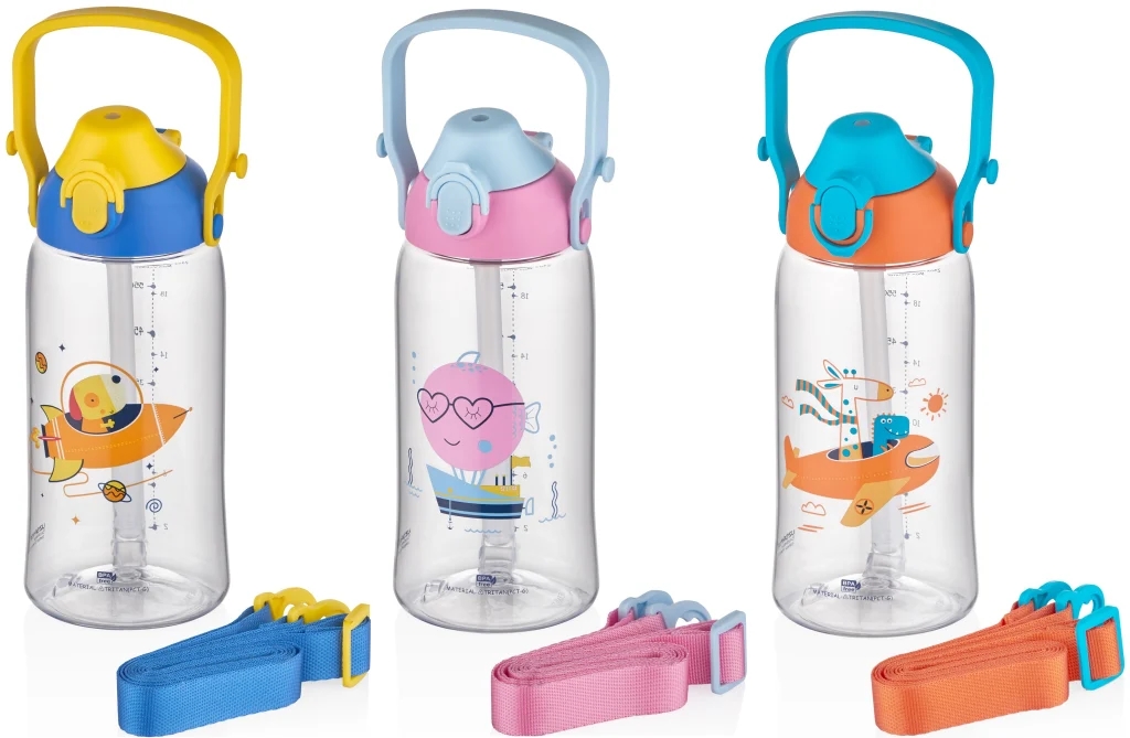Uzspace 730ml Tritan Tek Kapak Çift Kullanım Pipetli/Pipetsiz Askı Aparatlı Tritan Çocuk Su Matarası 2203 Mavi