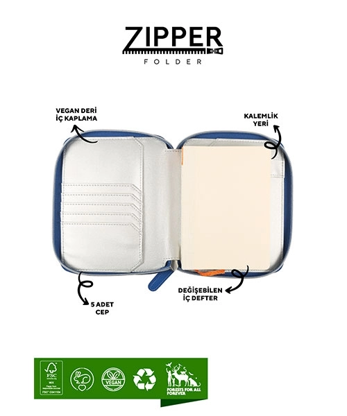 Victoria’s Journals Zipper Folder Organizer Defter A6 Çizgili Cüzdanlı Defter Mavi 123-0293