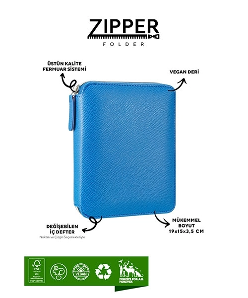 Victoria’s Journals Zipper Folder Organizer Defter A6 Çizgili Cüzdanlı Defter Mavi 123-0293